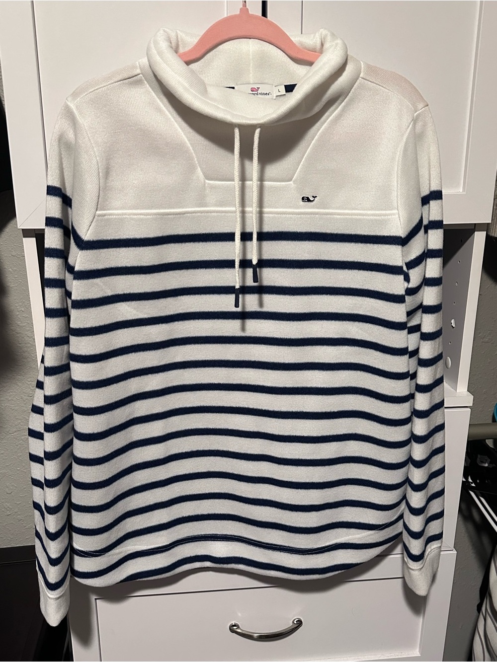 Vineyard Vines Ivory Navy Striped Funnel Neck Pullover Sweater Size Large